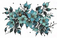 Cherry blossom petals falling, deep blue petals dark blue petals, light blue petals, black branch. Leo constellation, tattoo design idea
