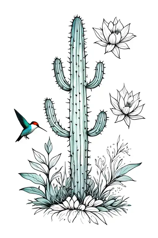nature inspired tattoo with cactus and hummingbird tattoo design idea