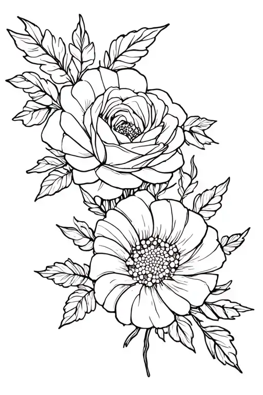marigold, rose, violet flower bouquet fine line tattoo design idea