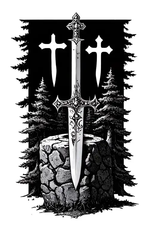 small sword inside of a stone surrounded by trees and three big crosses you can see rising above the trees tattoo design idea