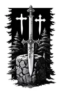 small sword inside of a stone surrounded by trees and three big crosses you can see rising above the trees tattoo design idea
