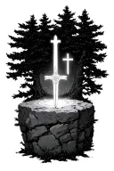 small sword inside of a stone surrounded by trees and three big crosses you can see rising above the trees tattoo design idea