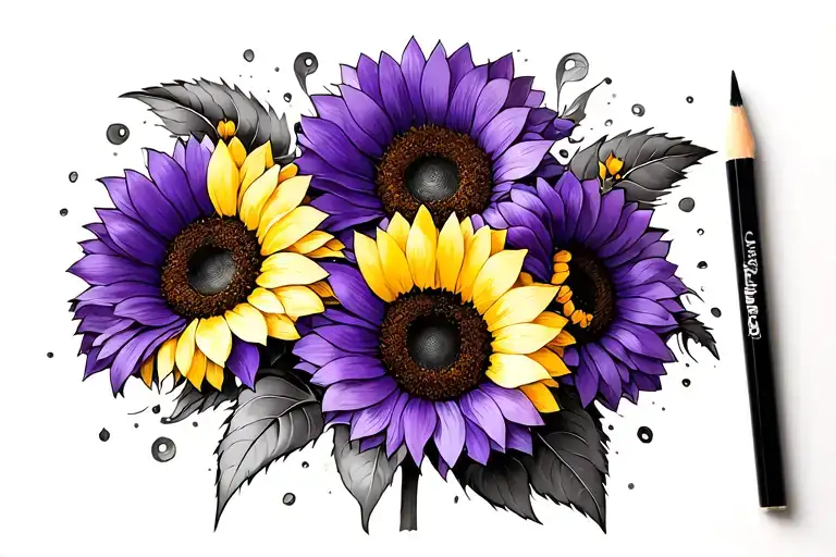 Marcie world with purple and yellow sunflowers wrapped tattoo design idea