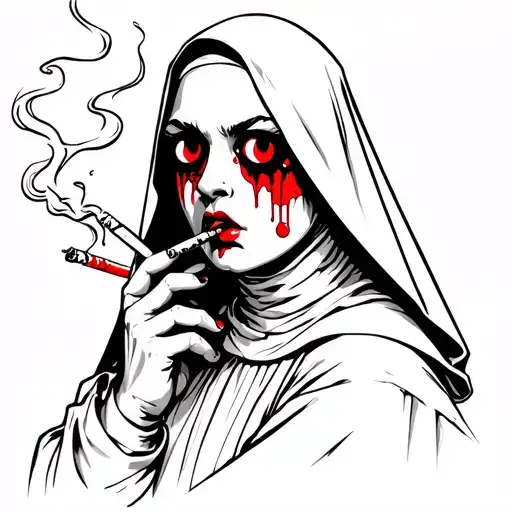 Rebellious nun smoking a cigarette with black eyeballs and red tears running from them tattoo design idea