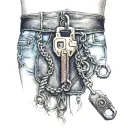 zipper from trousers with a lock from it a girl with blue eyes and ponytails tattoo design idea