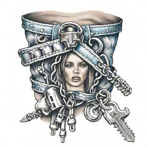 zipper from trousers with a lock from it a girl with blue eyes and ponytails tattoo design idea