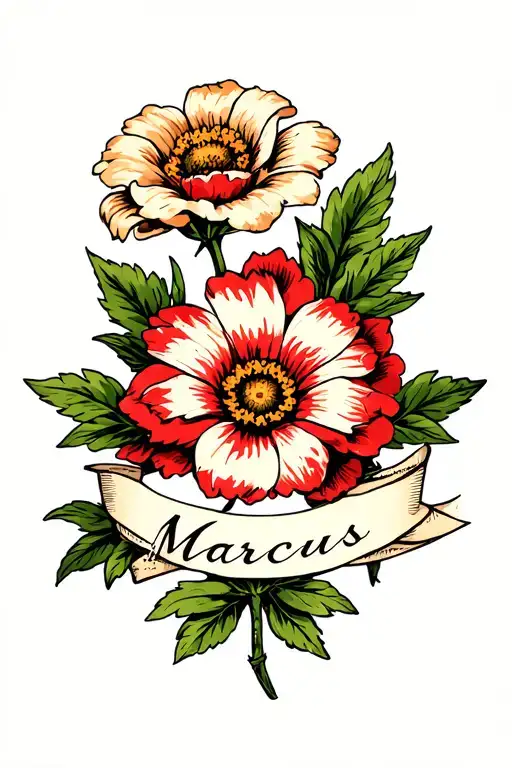 american traditional flash flower with name banner "Marcus" tattoo design idea