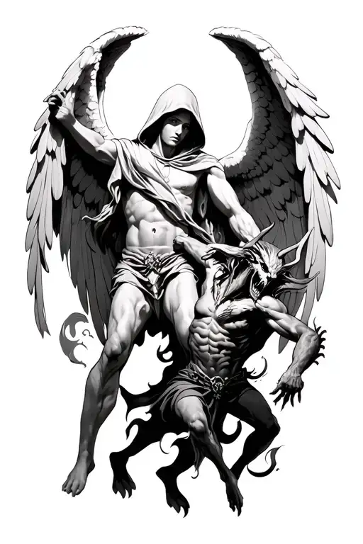 hooded arch angel defeating a demon tattoo design idea