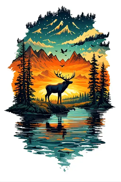 elk mountains stream trees colors sunset birds tattoo design idea
