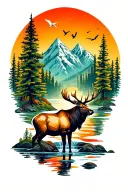 elk mountains stream trees colors sunset birds tattoo design idea