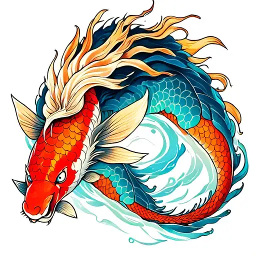 Design a Japanese-style lower half-arm tattoo that features a koi fish seamlessly morphing into a dragon, a regal lion’s tattoo design idea