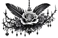 rose , feathers, and chandelier beads wrapped witgh vines and thorns tattoo design idea