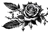 rose , feathers, and chandelier beads wrapped witgh vines and thorns tattoo design idea