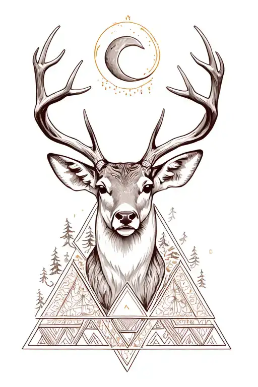 Deer head with a soft look, spiritual mood, trees, crescent moon, aztec inverted triangle tattoo design idea