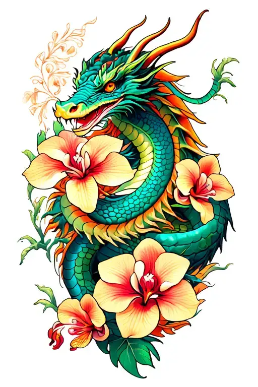  dragon and orchid leg tattoo featuring tattoo design idea