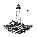 a lighthouse, with a big cross on the top of the lighthouse, surrounded by waves crashing. it must be black and white tattoo design idea