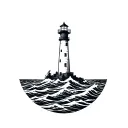 a lighthouse, with a big cross on the top of the lighthouse, surrounded by waves crashing. it must be black and white tattoo design idea