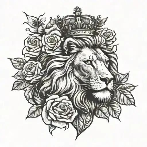 lion and crown with clouds and roses tattoo design idea