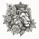 lion and crown with clouds and roses tattoo design idea