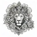 lion and crown with clouds and roses tattoo design idea