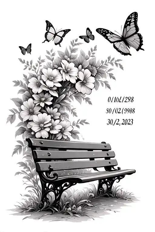park bench, flowers and butterflies surrounding them, tribute tatto, dates of 01/06/1998- 30/12/2023 tattoo design idea