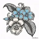 forget me not flowers, two hearts and a paw print  tattoo design idea