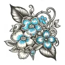 forget me not flowers, two hearts and a paw print  tattoo design idea