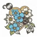 forget me not flowers, two hearts and a paw print  tattoo design idea