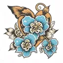 forget me not flowers, two hearts and a paw print  tattoo design idea