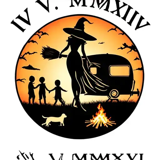 "IV V MMXIV" "IV V MMXIV" "IV V MMXIV" "IV V MMXIV" silhouette of busty sexy witch bride on broomstick over a campsite with a trailer and campfire with children & dog tattoo design idea