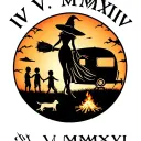 "IV V MMXIV" "IV V MMXIV" "IV V MMXIV" "IV V MMXIV" silhouette of busty sexy witch bride on broomstick over a campsite with a trailer and campfire with children & dog tattoo design idea