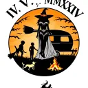 "IV V MMXIV" "IV V MMXIV" "IV V MMXIV" "IV V MMXIV" silhouette of busty sexy witch bride on broomstick over a campsite with a trailer and campfire with children & dog tattoo design idea