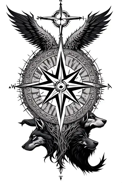 A black and grey Norse-style tattoo design, blending seamlessly with an existing Vegvisir compass, wolves, and Yggdrasil tattoo design idea