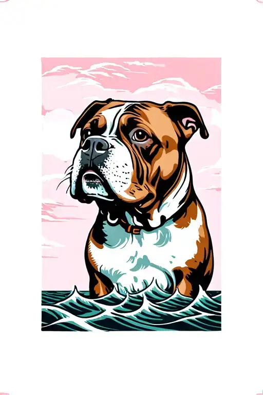 american stafford face dog with clipper ship and pink waves tattoo design idea