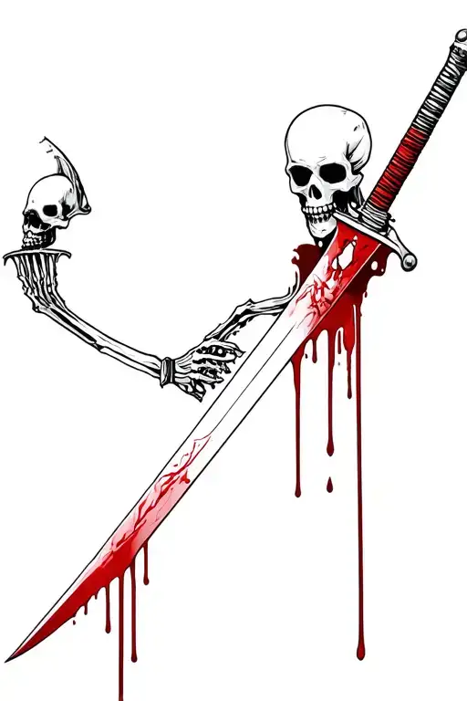 full body skeleton holding a long sword by the blade, with blood dripping down the blade from the skeletons hands tattoo design idea
