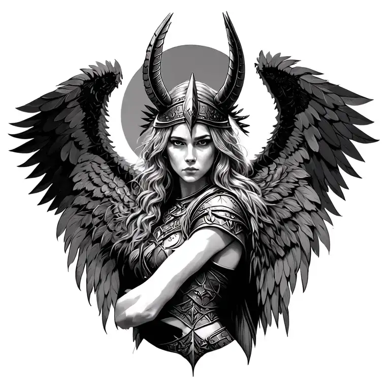 Valkyrie warrior surrounded by feather coat and wings on head  tattoo design idea