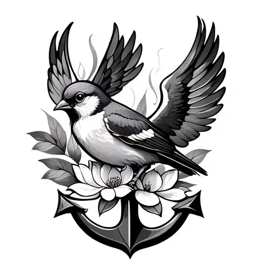 sparrow with open wings, lotus flower and anchor tattoo design idea