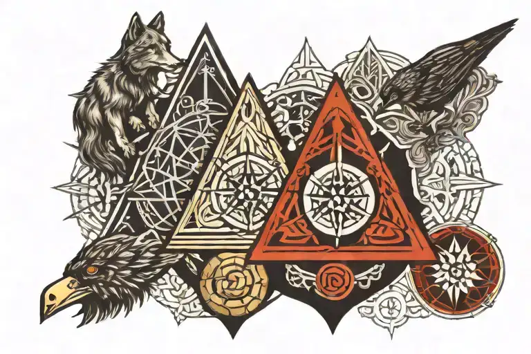 Compass guides, The symbol valknut, Hugiinn et muninn The aegishjalmur Yggdrasil Fenrir Odin tattoo design idea
