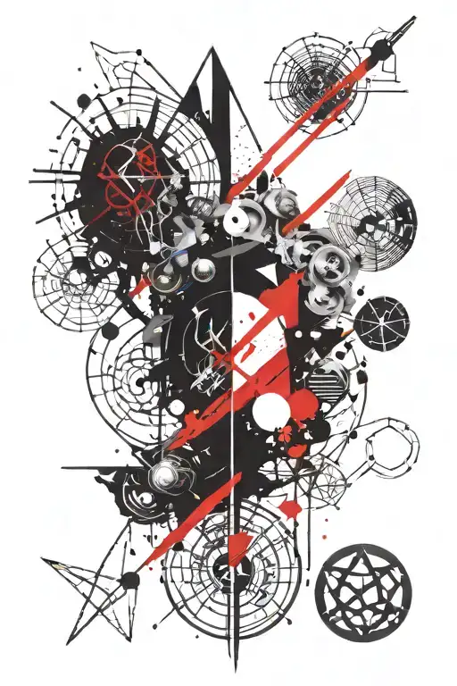 five witcher signs with small planets and geometry in the background tattoo design idea