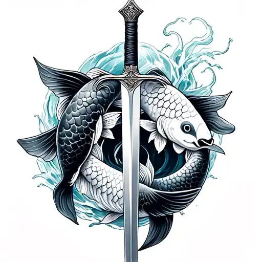 A sword with two koi fish swimming around it he word sapovnela written tattoo design idea