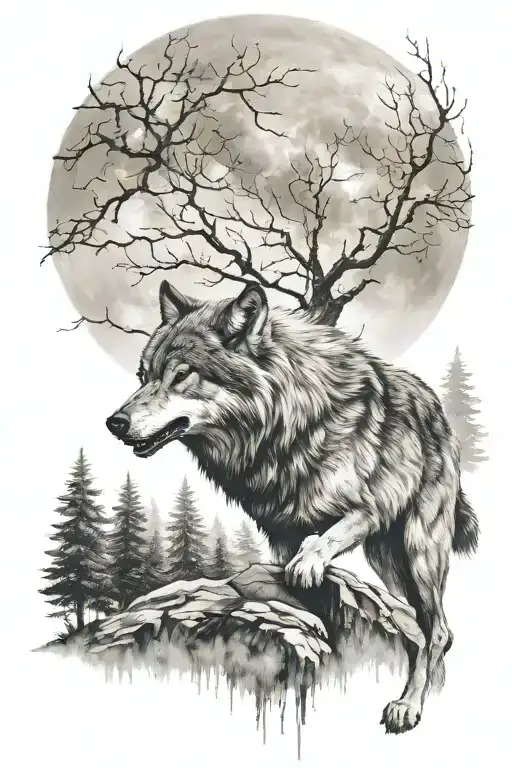 a very angry wolf, a misty forest, a lot of gray shades, a full moon tattoo design idea
