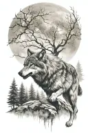 a very angry wolf, a misty forest, a lot of gray shades, a full moon tattoo design idea