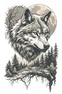a very angry wolf, a misty forest, a lot of gray shades, a full moon tattoo design idea