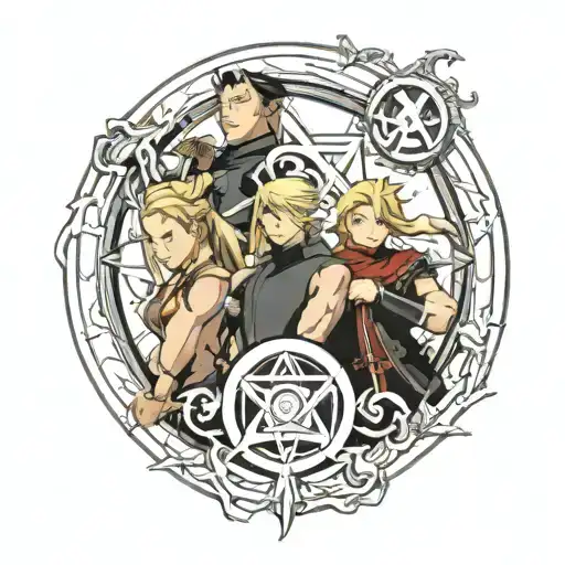 fullmetal alchemist, armstrong siblings, with alchemy circle around them tattoo design idea