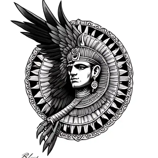 A tattoo design of a full underarm mandala with the Egyptian god Ra, falcon-headed with sun disc crown, symmetrical geom tattoo design idea