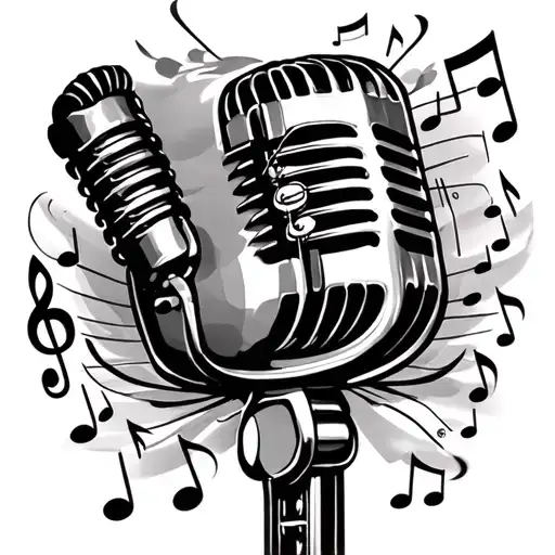 Elvis microphone surrounded by musical notes flowing tattoo design idea