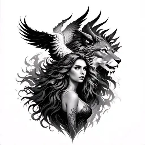 phoenix, shadows of lion, dragon and wolf rising from woman form tattoo design idea