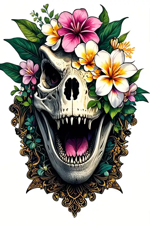 dinosaur skull and Sri lankan Jasmine flowers tattoo design idea