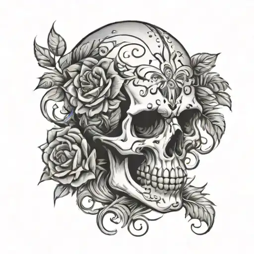 skull and rosse with nidhi name intertwined representing the client's tattoo design idea
