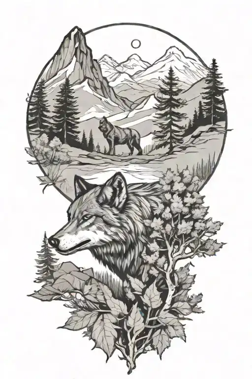 trees, wolf, leaf, mountain landscape tattoo design idea